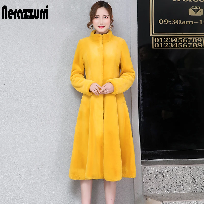 Nerazzurri tinka ir blyksnius dirbtiniais kailių paltai moterims ilgomis rankovėmis geltona pilka netikrą triušio kailio paltas žiemos plius dydžio pūkuotas pūkuotas kailis