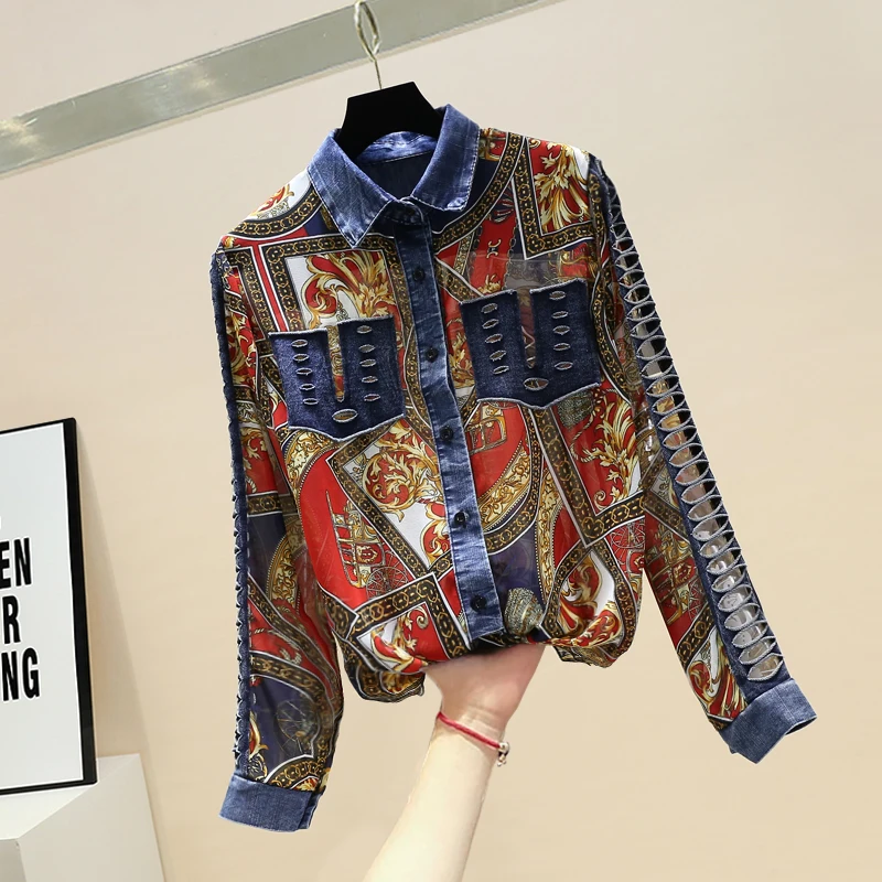 Pavasarį, Rudenį Moterų Marškiniai Nauji Tuščiaviduriai Džinsinio audinio Siūti Spausdintus Palaidinė korėjos Stilius Laisvas ilgomis rankovėmis Šifono Moterų Viršūnių GX306