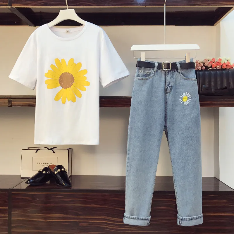 Plius Dydis, T-marškinėliai, Džinsai Rinkiniai 2020 Naujas Vasaros Moterų Daisy Spausdinti Birios vatos Pagaliukai + Džinsinis audinys Siuvinėjimui Diržas, Kelnės, Kostiumai, S-3XL