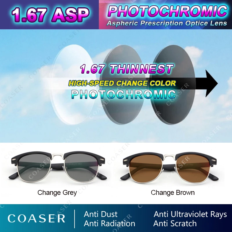 Plonesni Indeksas 1.67 Photochromic objektyvas recepto Akiniai Lęšio Trumparegystė Presbyopia Pakeisti spalvą, akiniai HMC lentes opticos
