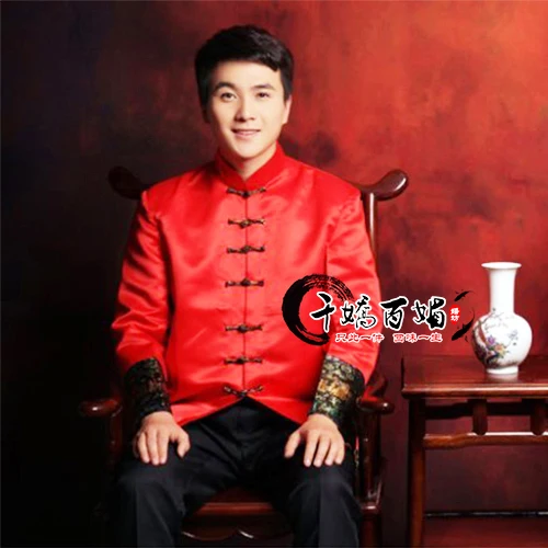 Raudona tunika striukė tango kostiumai vyrų shanghai oriental drabužius tangzhuang mandarinų vestuvių kostiumą tradicinės kinų drabužių vyrams