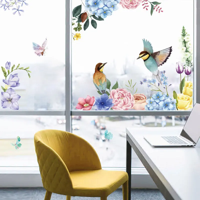 Rašalo gėlių ir paukščių tapybos kambario Sienos lipdukas namų interjero dekoravimo rašalinis popieriaus lipdukai stiklo lipdukai