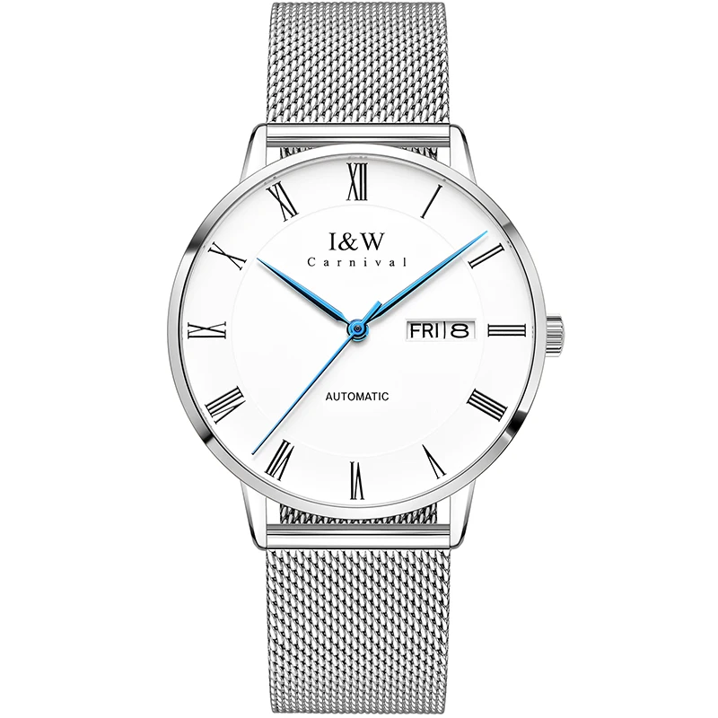 Relogio Šveicarijoje I&W verslo Automatinė Mens Watch Prabangos prekės Mechaninis laikrodis atsparus Vandeniui Safyro Stiklas kalendoriaus Tinklelio juosta