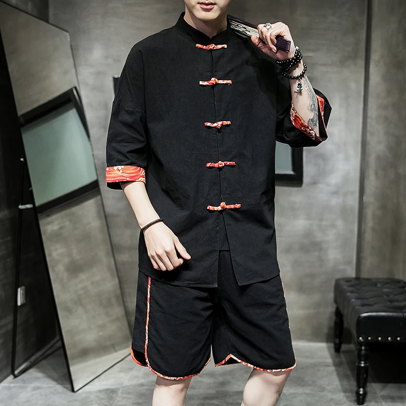 Retro stiliaus Kinijos vyrų drabužiai dviejų dalių komplektas vasaros grynos medvilnės jūros vanduo, uolos, spaudos plokštės sagtis penkerių rankovėmis marškinėliai