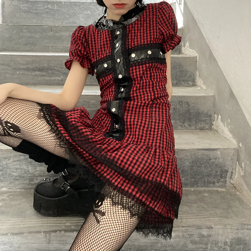 Rosetic Velnias Kryžiaus Kniedės Gotikos Pledas Suknelė Moterims Vasaros Naują Nėrinių Punk Trumpos Suknelės 2020 Atsitiktinis Derliaus Mini Raudona Lolita Girl