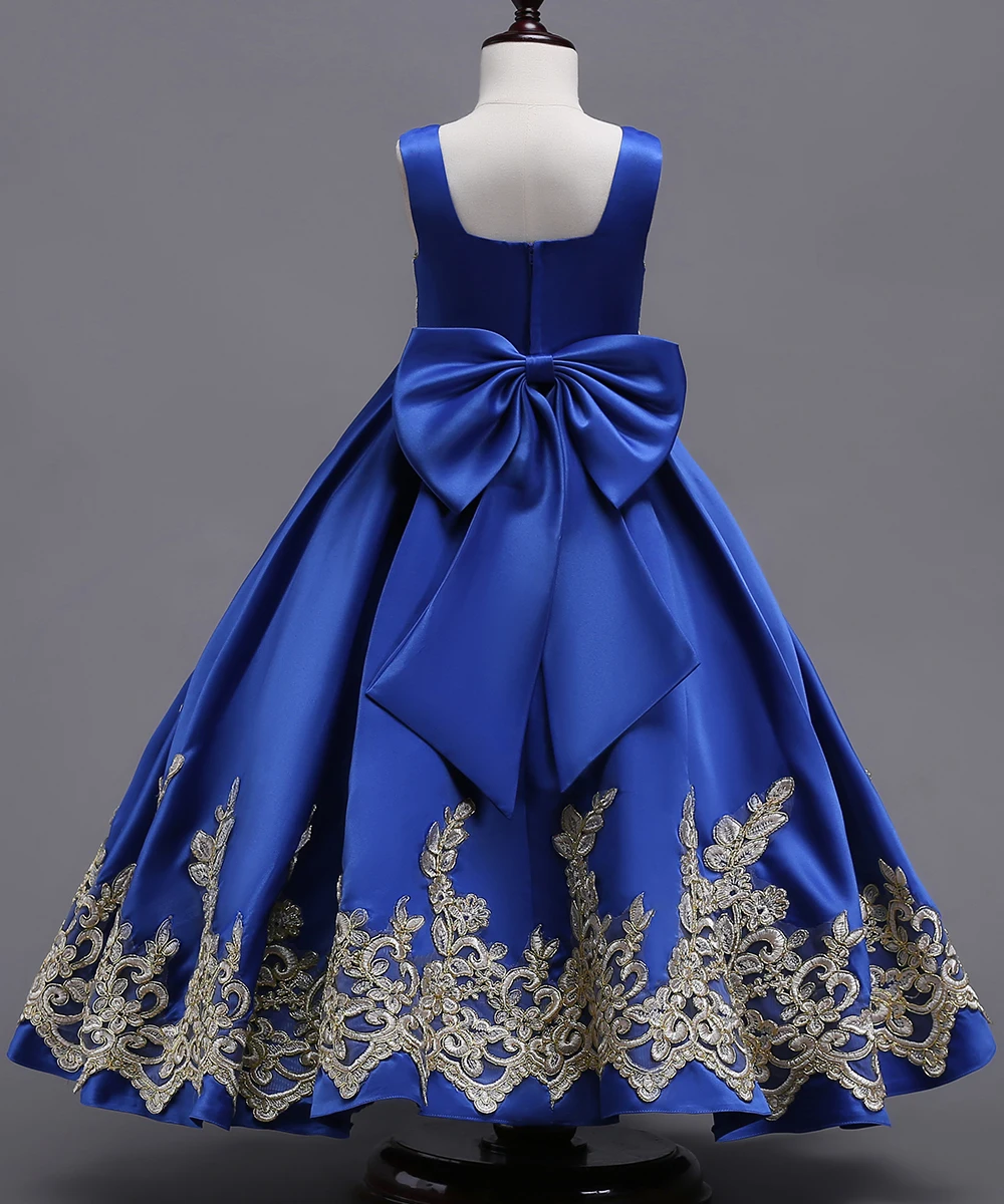 Royal Blue Ilgas Vasaros Mergina Suknelės Didelis Lankas Gėlių Mergaičių Suknelės Aukso Aplikacijos Merginos Inscenizacija Suknelė Pirmos Komunijos Suknelės