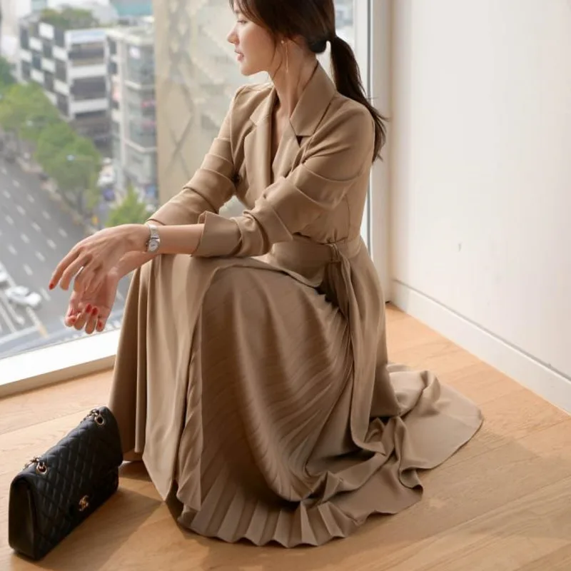Rudenį Office Lady Plisuotos Ilgas Šalis Suknelė Moterims Korėjos Atsitiktinis Įpjovomis Varčias Skraiste Femme Naujas Elegantiškas Dėvėti Į Darbą Suknelė Vestido