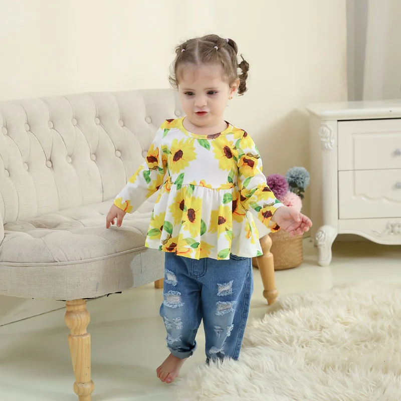 Rudenį Vaikai Mergina Drabužius Baby Girl Komplektus 2T Gėlių Rose Saulėgrąžų Leopard Print Long Sleeve Top ir Retro Ripped Jeans 2VNT Komplektas