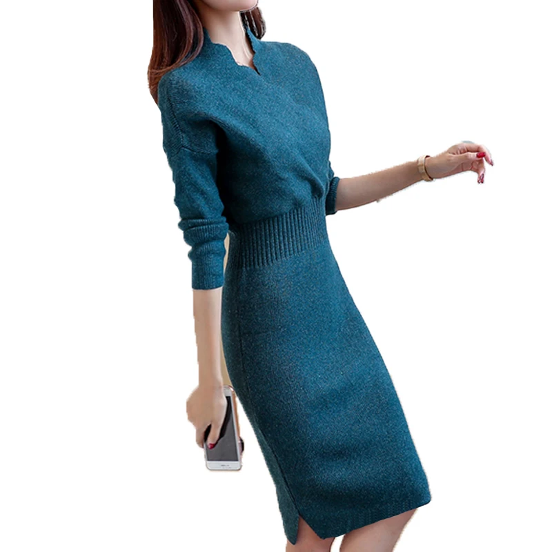 Rudenį, Žiemą Naujas Korėjiečių Džemperis Moterims, Ilgai Mezgimo Megztinis Mėlyna Suknelė Marškinėliai Slim Kelio Mados