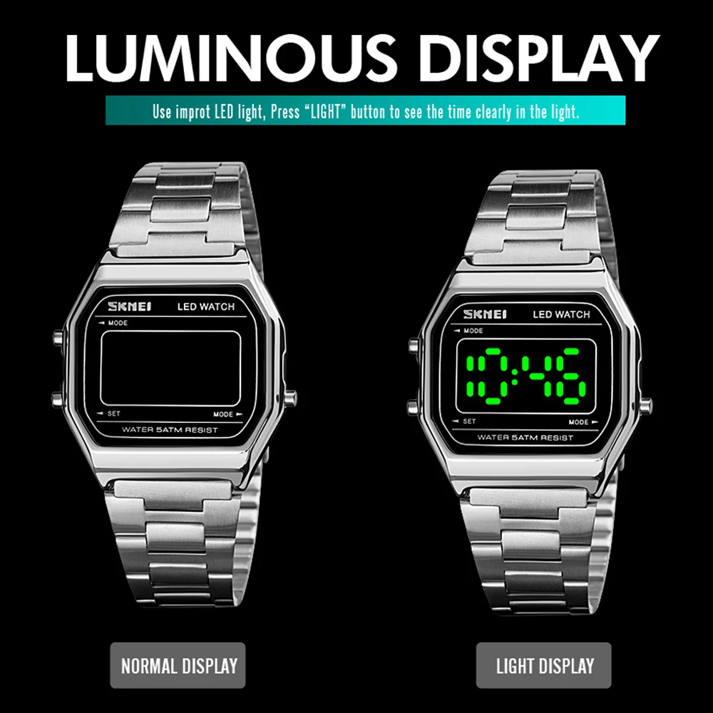SKMEI Prabangių Vyrų Skaitmeninių Laikrodžių, Elektroninių LED Šviesos Vyrų Laikrodis atsparus Vandeniui Nerūdijančio Plieno Dirželis Laikrodis Relogio Feminino