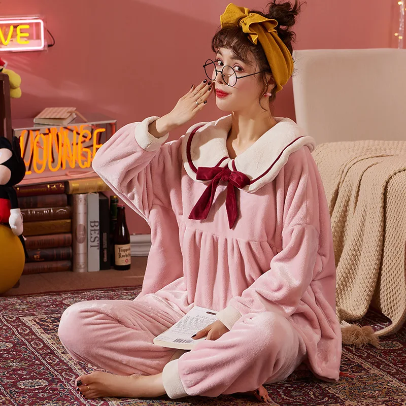 SOUGEN Moterų Sleepwear Žiemą Storas Šiltas Flanelė Mielas Pižama Rinkiniai, ilgomis Rankovėmis Drabužius, Namų Dėvėti Minkštas Pižamos Rinkinys moterims