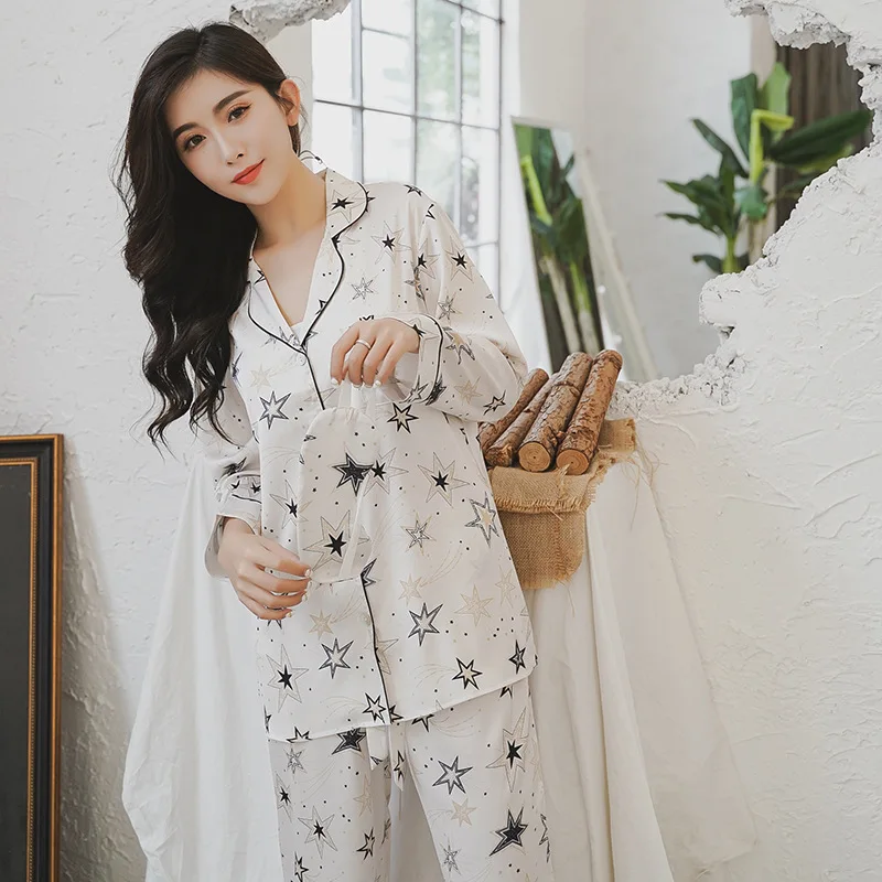 Saldus žvaigždžių satins šilko kilnus moterų pižama rinkiniai Korėja elegancija ilgomis rankovėmis kelnės moterims sleepwear pijamas 3pcs pižamos