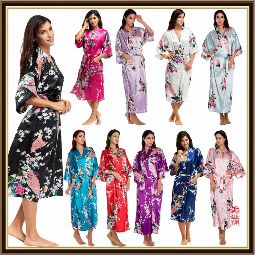 Satino, Šilko V-kaklo Moteris Pižamą Japonų Stiliaus Yukata Ilga Suknelė Sklandžiai Vasaros Povas Spausdinti Pižama Pižamą Kimono