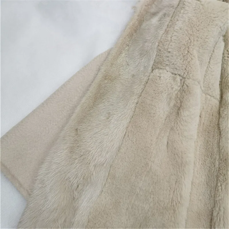 Storio natūralaus triušio kailio pamušalu, paltai moterims nekilnojamojo audinės kailio apykaklės ilgai šiltos žiemos vilnos kailis moterų plius dydis