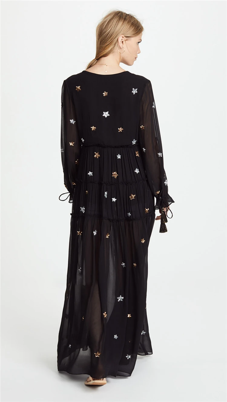 UK 2019 m. Vasarą Moterys Star Siuvinėjimo Prarasti Bohemijos V kaklo suknelė Hipių Boho Žmonių Atostogų ilga suknelė Skraiste longue