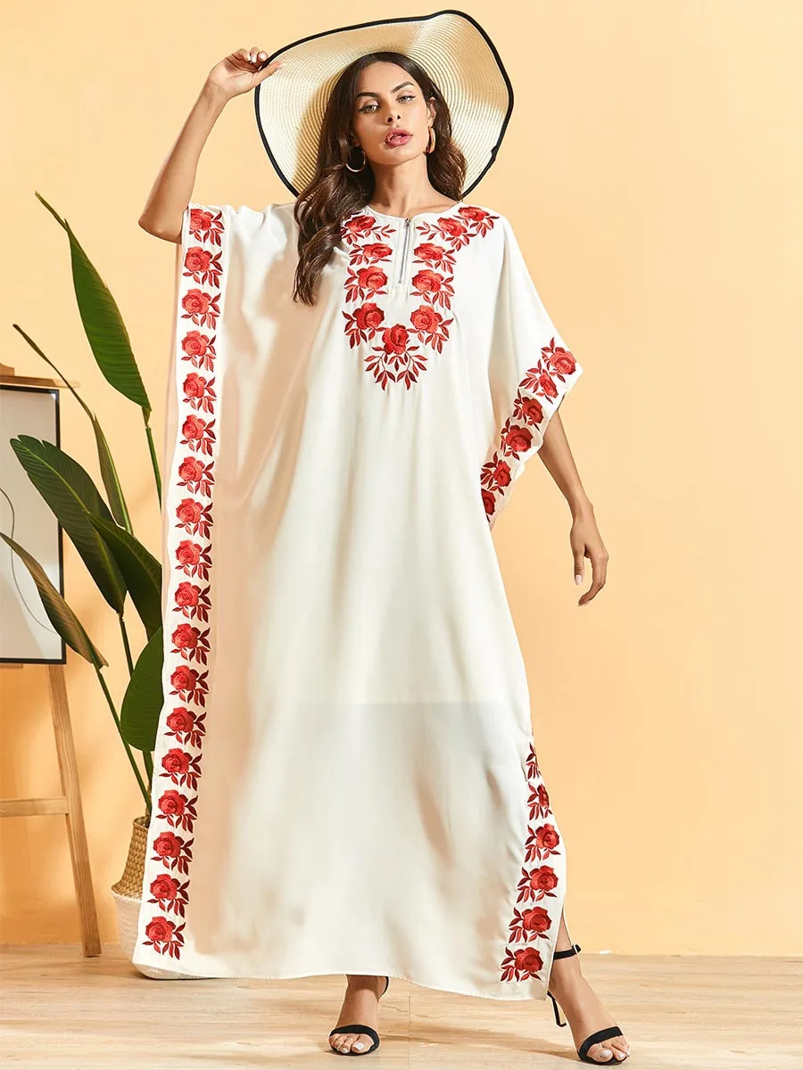 Vasaros gėlių siuvinėjimas abaja batwing vidurio rankovės maxi suknelė moterims afrikos dashiki ramadanas kaftan skraiste EID suknelė VKDR2150