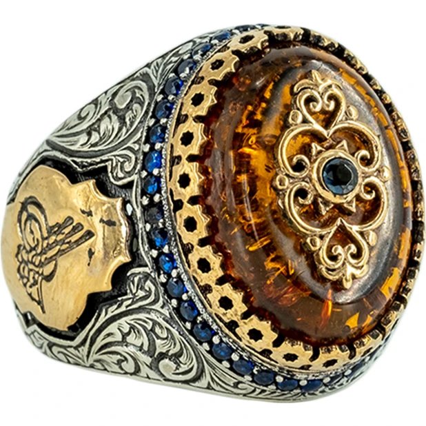 Vuzera 925K genunie sidabro Vyrų Žiedas inlaided citrinas rašė rankų darbo dovana vyrams visus dydis derliaus dovana osmanų stiliaus iš Turkijos