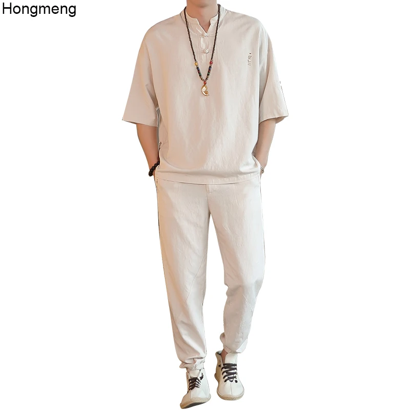 Vyrai lino medvilnės vasaros kostiumas, smėlio spalvos Kinų stiliaus pusė rankovėmis marškinėliai + full length kelnės plonas M-4XL lašas laivybos