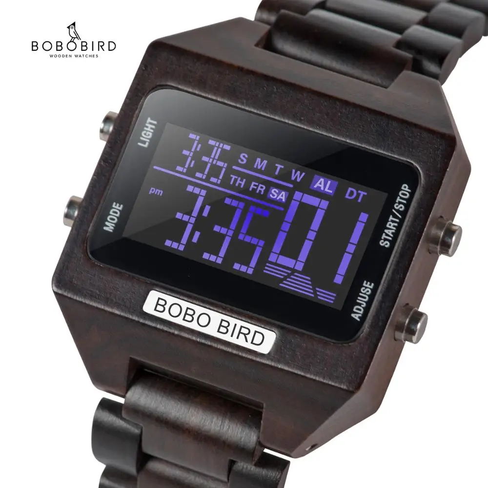 Vyrų Laikrodžiai BOBO PAUKŠČIŲ Multi-Funkcija, LED Elektroniniai Laikrodžiai Prabangos Prekės Spalva digital Data ekranas Medienos Dirželis Dovana Bambuko Dėžutę