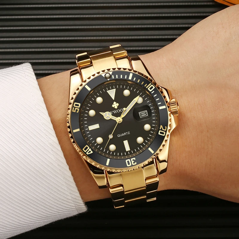 WWOOR Vyrų Laikrodžiai 2020 Prabanga Analoginis Kvarciniai Laikrodžių Vyrams Gold Black Sportas Nardymo Žiūrėti Vandeniui Nerūdijančio Plieno Automatinis Datos Žiūrėti