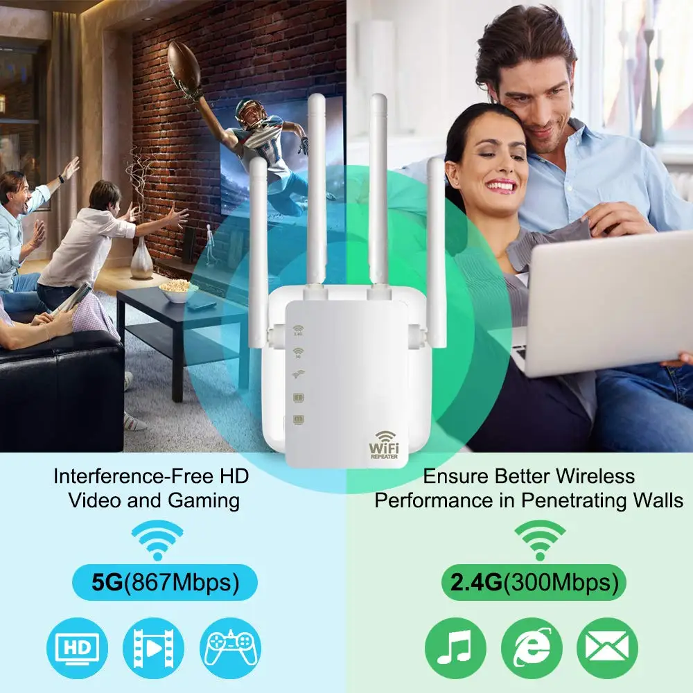 WiFi Range Extender Dual Band 2.4/5 ghz 300/ 1200Mbps Wi-Fi Interneto Signalo Stiprintuvas Belaidžio Kartotuvo už Maršrutizatoriaus Paprasta Sąranka WPS