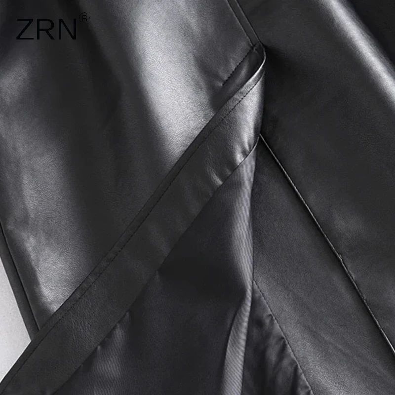 ZRN 2020 m. Rudenį Moterys Derliaus Juoda Faux Odos Tranšėjos Paltai Prarasti PU Odos ilgomis Rankovėmis Su Diržu Švarkelis Moterų viršutinių drabužių siuvimas
