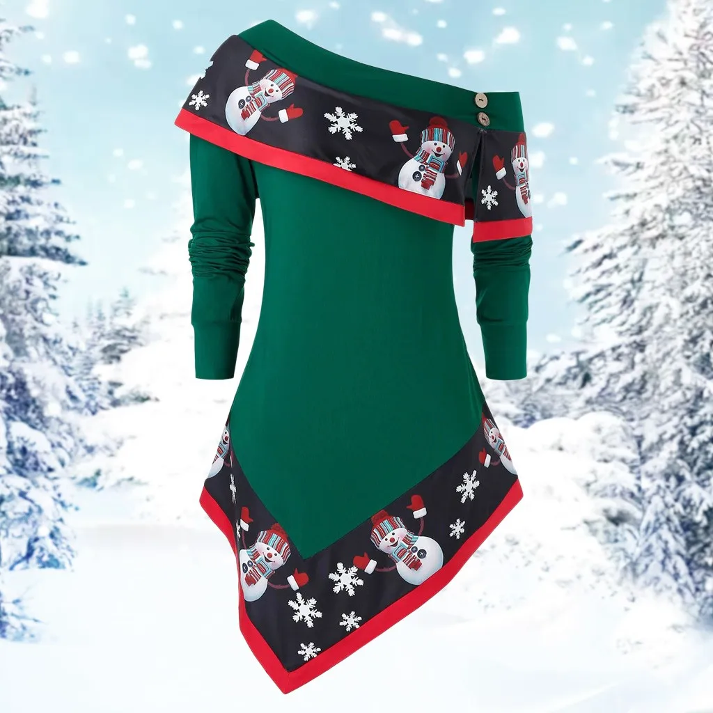 Įstrižai Apykaklės Kalėdų Top Džemperis Sniego Spausdinti Ilgomis Rankovėmis Megztinis Džemperis Moterims Kalėdinių Kostiumų Mados Drabužius