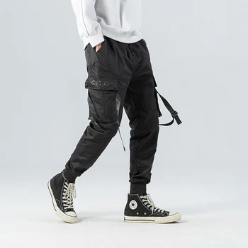 Hip-Hop Juostelės Grobis Multi Kišenės Kelnės Vyrams 2020 Streetwear Negabaritinių Palaidi Kelnės Atsitiktinis Haremas Vyrų Krovinių Kelnės
