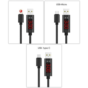 3A QC3.0 Greitas USB Duomenų Kabelis Sinchronizavimo Baterija Micro USB C Tipo Žaibo Įkrovimo Kabeliai su LED Ekranas, 
