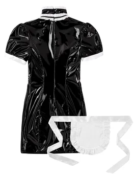 Moterų Suaugusiųjų Wetlook Odos kūną latekso Tarnaitė Suknelė Cosplay Kostiumų Clubwear Sluoksniuotos Rankovėmis Krūties Bodycon Mini Suknelė su Prijuostė