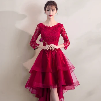 Chalatas de soiree Visą rankovės Bordo Raudona Elegantiškas Oficialų vakarinę Suknelę Nėrinių Appliques Trumpas Priekiniai Ilgai Atgal Prom Šalis Suknelės