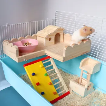 Žiurkėno platforma su laiptais chipmunk ežys drakonas, katė dėklas balansas Golden Bear medžio masyvo pedalo žiurkėnų žaislas antrame aukšte