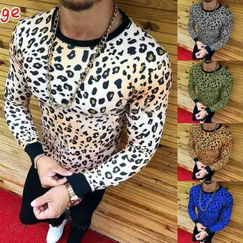 T-Marškinėliai 2018 Naujų Karšto Pardavimo Mens Mados Atsitiktinis Ilgomis Rankovėmis Oficialų Slim Fit Įgulos Kaklo Leopard Tee Viršūnės T-Shirt