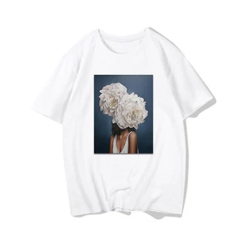 Harajuku Estetinės Plunksnų Gėlių Spausdinti marškinėliai Mados Moterų sportinius Marškinėlius Modelis fotografija modelio marškiniai viršuje streetwear