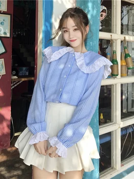 Japonijos Korėja Stiliaus Pledas Marškiniai Pynimas Varpas Rankovėmis Vidurinės Mokyklos Uniformos Studentų Mielas Mergaičių Harajuku Preppy 