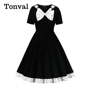 Tonval Polka Dot Lankas Kaklo Elegantiškas 50s Vintage Stiliaus Moteris Pinup Suknelė trumpomis Rankovėmis Pavasario 