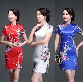 Cheongsam Vasaros 2019 Naują Stilių Moterų Kinų stiliaus Kuklus Mados MERGINA yra Trumpas, Vidutinės trukmės Šlovingą Šilko Suknelė