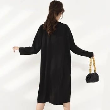 [EAM] Moterys Black Didelis Dydis Dryžuotas Nereguliarus Nauja Suknelė ilgomis Rankovėmis Apvalios Kaklo Palaidi Tinka Mados Banga Pavasario Rudens 2021 JO34903