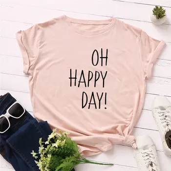 2019 Mados Plius Dydis Moterų, T-marškinėliai, Medvilnė, Trišakiai Laimingas Šiandien Raides, Print T-Shirt Moterims, O-Kaklo trumpomis Rankovėmis Marškinėlius Viršų