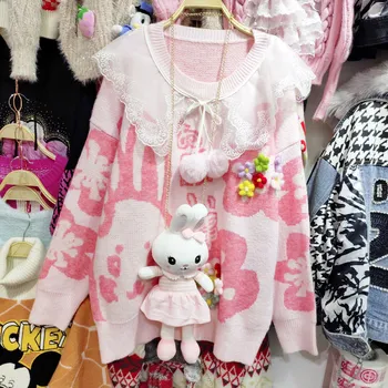 Japonija Stiliaus Mielas Kawaii Moterų Megztinis Megztas Viršutiniai Drabužiai Laisvi Žiemos Storio Saldus Megztinis (Puloveris Nėrinių Apykaklę Lėlės, Moterų Topai