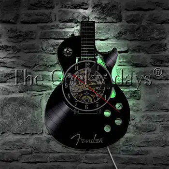 Gitaros Muzikos instrumentų Stygos LED Šviesos Vinilo Įrašas Sieninis Laikrodis Rock N Roll Muzikos Sienos Žiūrėti Dekoratyvinis Apšvietimas