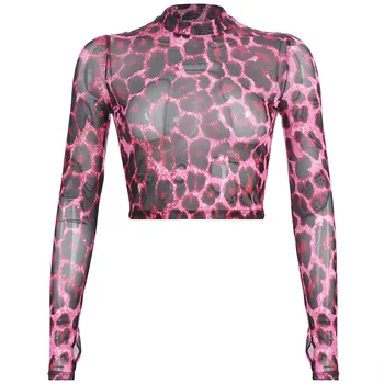 Pink Leopard Akies T-shirt Moterų Pasėlių Viršuje 2021 Mados Permatomas Seksualus Perspektyvos Marškinėliai Moterims ilgomis Rankovėmis Slim marškinėliai Topai