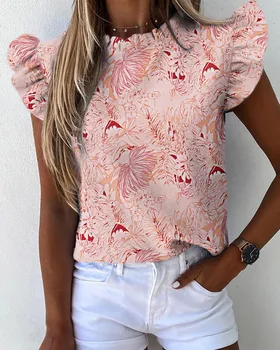 Sexy Moteris Skristi Rankovės Raukiniai Gėlių Spausdinti marškinėliai Topai Golfo Vasaros Mados Stilius Širdies Modelis OLIS Laisvi marškinėliai Naujas