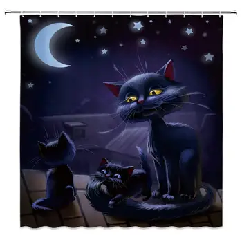 Vonios Apdaila Naktį Katė Vonios kambarys Dušo Užuolaidos HD Spausdinti Mielas Kūrybos Moon Star Katė