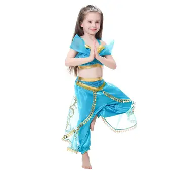 Vaikai Jazminų Kostiumai Arabijos Princesė Mergaitės Vaiko Suknelė Iki Gimtadienio Halloween Party su Hairhoop Tiara ir Lazda Mėlyna