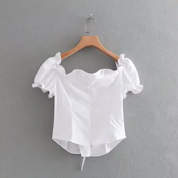 Lanbaiyijia Naujausias moterys saldus raukiniai, nėriniai-up apkarpyti viršūnes palaidinė V-kaklo trumpomis rankovėmis balti marškinėliai moterims atsitiktinis chic trumpi marškinėliai