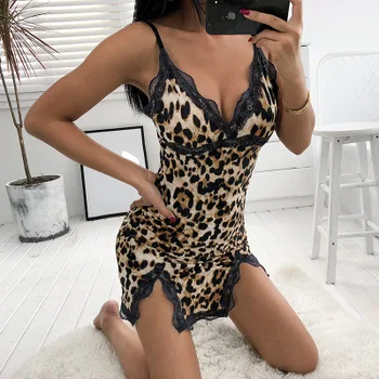Daeyard Šilko Satino Suknelė Moterims Seksualus Leopard Nėrinių Kratinys Pižamą Rankovių Padalinta Suknelė Sleepwear Slim Fit Suknelė Klubas Suknelė