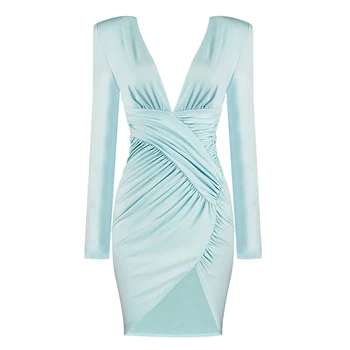 Moterų Žiemos Seksualus Ilgomis Rankovėmis Giliai V Kaklo, Puoštas Dangus Mėlynas Mados Lady Suknelė 2021 Dizainerio Mados Vakarą Šalis Suknelė Vestido