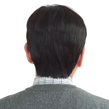 DIFEI Aukštos temperatūros sintetinis perukas trumpi tiesūs plaukai, juodai rudos rankomis austi perukai vidutinio amžiaus vyrai kasdien dėvėti išlaikyti jaunų