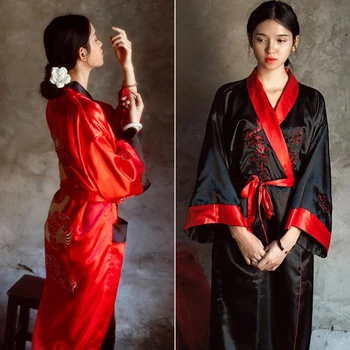 Naujovė Grįžtamasis Juoda Raudona Moterų Kimono Yukata Satino Siuvinėjimo Dragon Pižamą Vienas Dydis Skraiste Suknelė Dviejų Šoninių Sleepwear